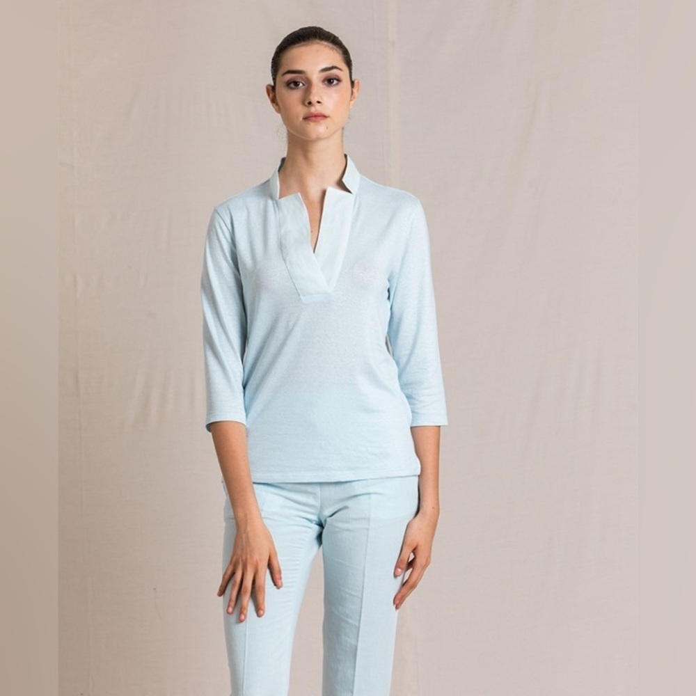 NEW AMINA RUBINACCI Camisa Medaglia Top in Breeze 3/4 Sleeve Polo Italy Size 42